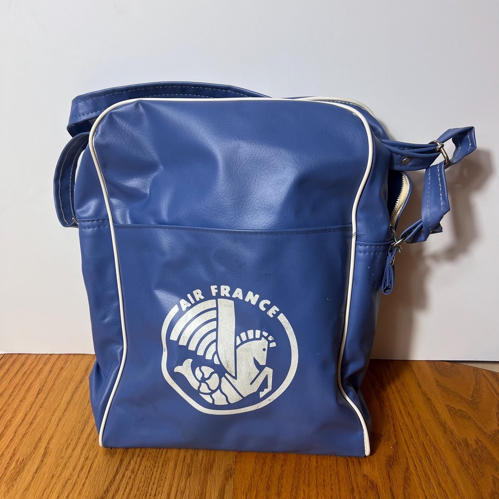 VTG Air France Travel Bag Blue Vinyl Airline Carry On Shoulder Bag Retro